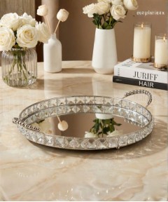 ZEYVE SILVER SQUARE STONE ROUND TRAY LARGE 43x35x6cm